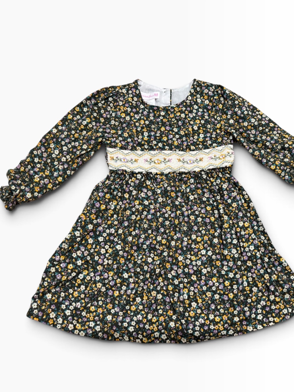 Bonnie Jean Embroidered waist Floral Smocked Corduroy Fall Dress Prairie Cottage